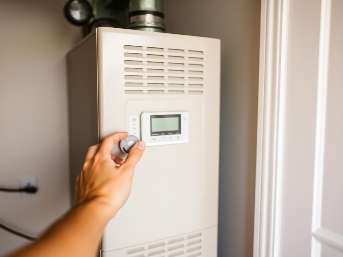 Technician adjusting a home furnace control panel